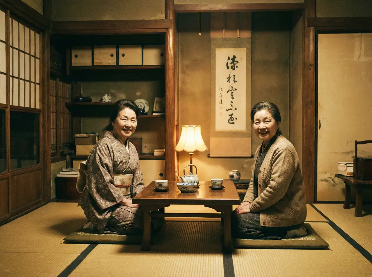 两位优雅的 英亚体育网站 在日式茶室中品茶交谈
